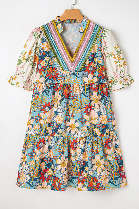 Multicolour Boho Floral Print Crochet Patchwork V Neck Loose Mini Dress